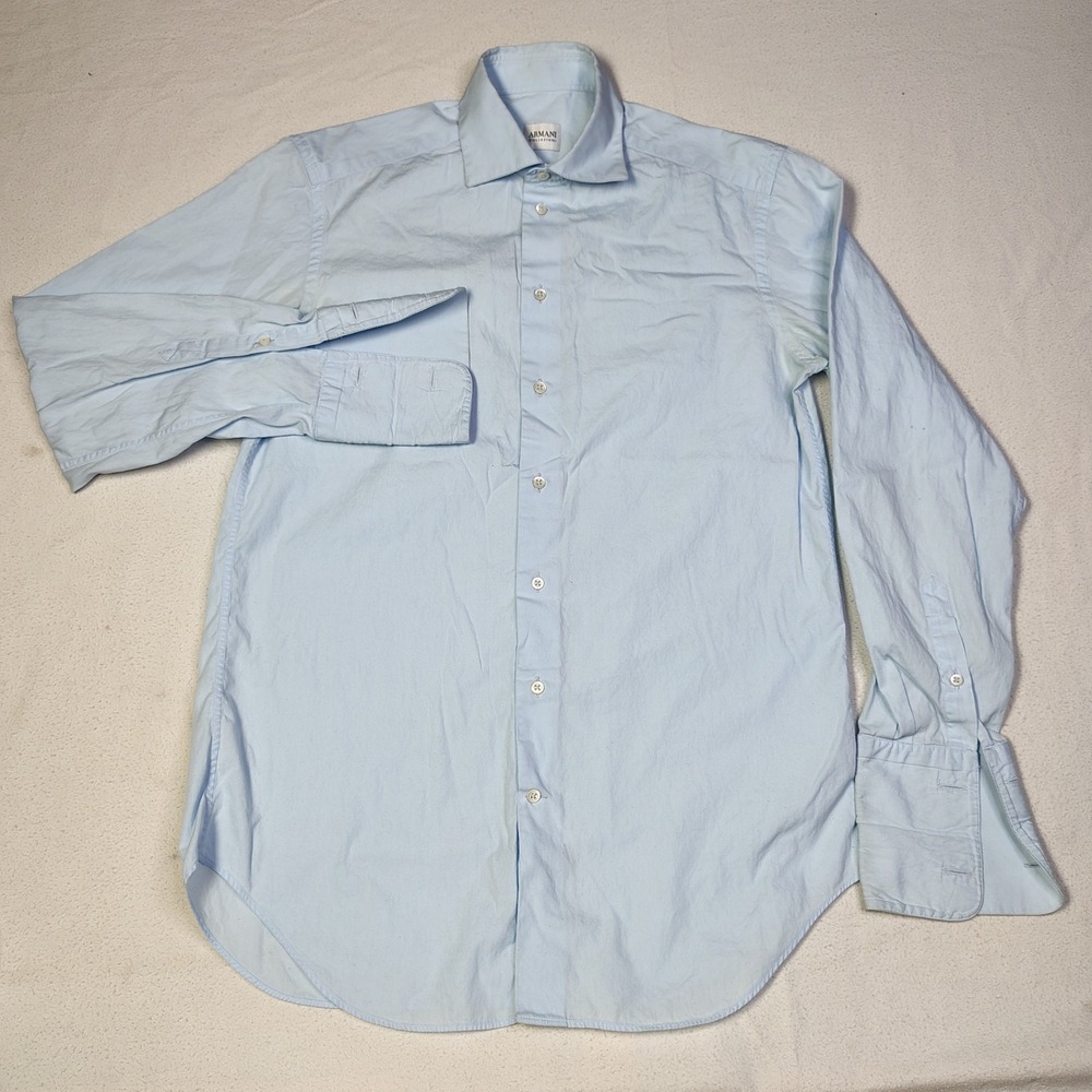 Armani Collezioni Men Dress Shirt 15 Light Blue Cotton French Cuff Spread Collar